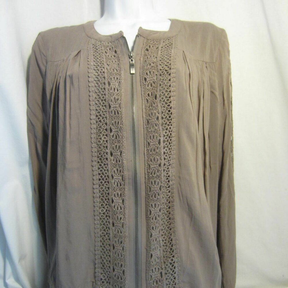 MARIO RENO zipper front khaki brown LS blouse top lace Women M